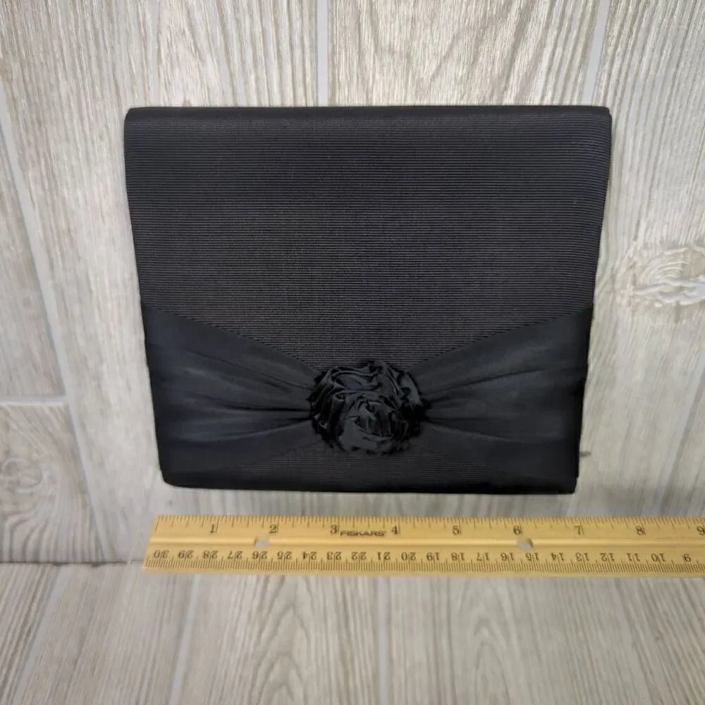 Carolyne Barton Night Crossbody Shoulder Purse Black Satin Flower Front Ribbon